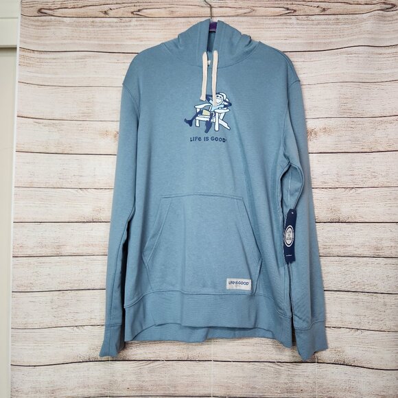 NWT Life Is Good Men's Hoodie M Sweatshirt Chair Relaxing Light Blue Pockets - Picture 1 of 16